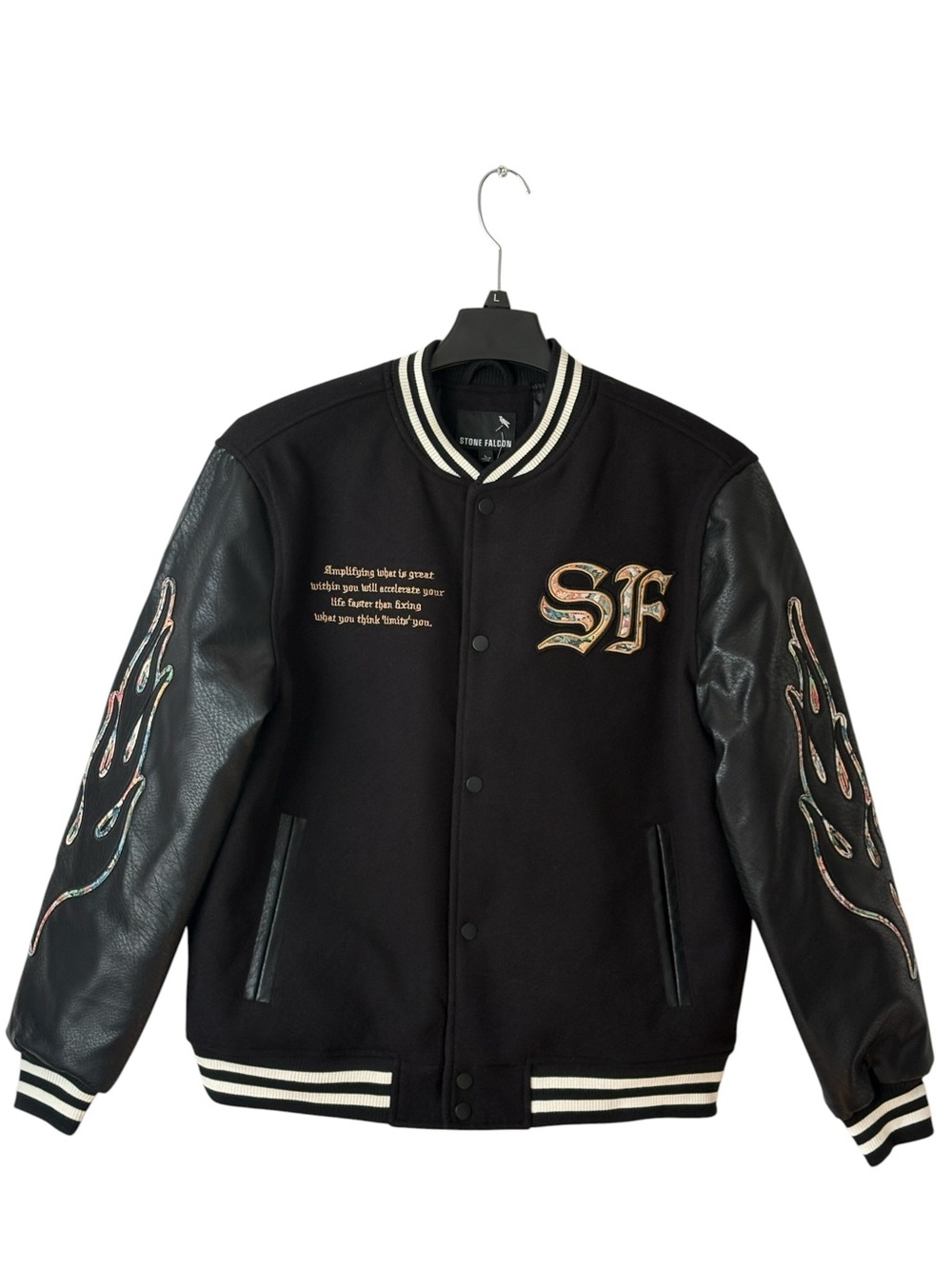 Stone Falcon Black Varsity Bomber Jacket SF Embroidered Flame Sleeves Size L